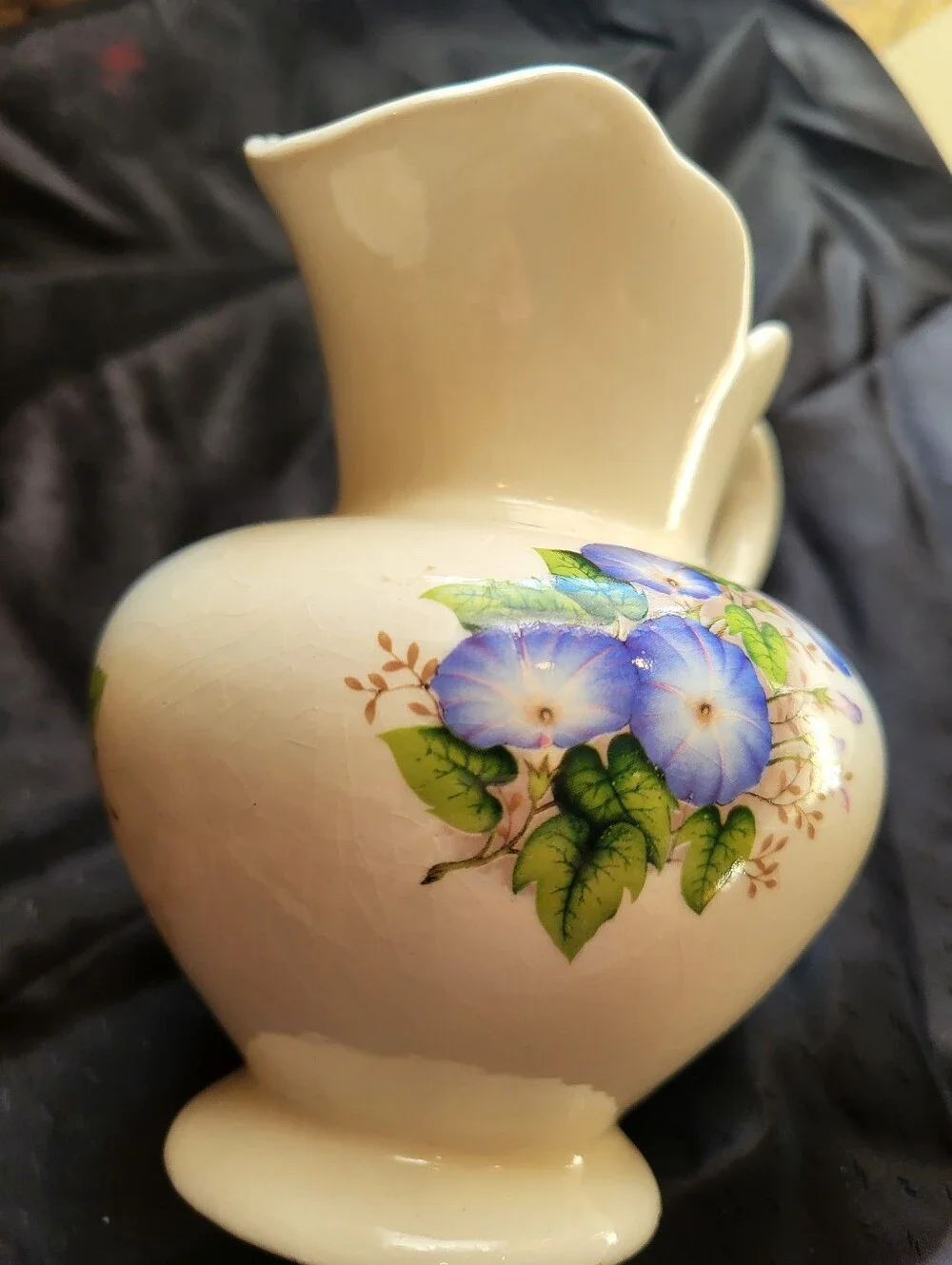 White Ceramic Floral 5.5 x 6 In Pitcher with Blue / Purple Morning Glory Design